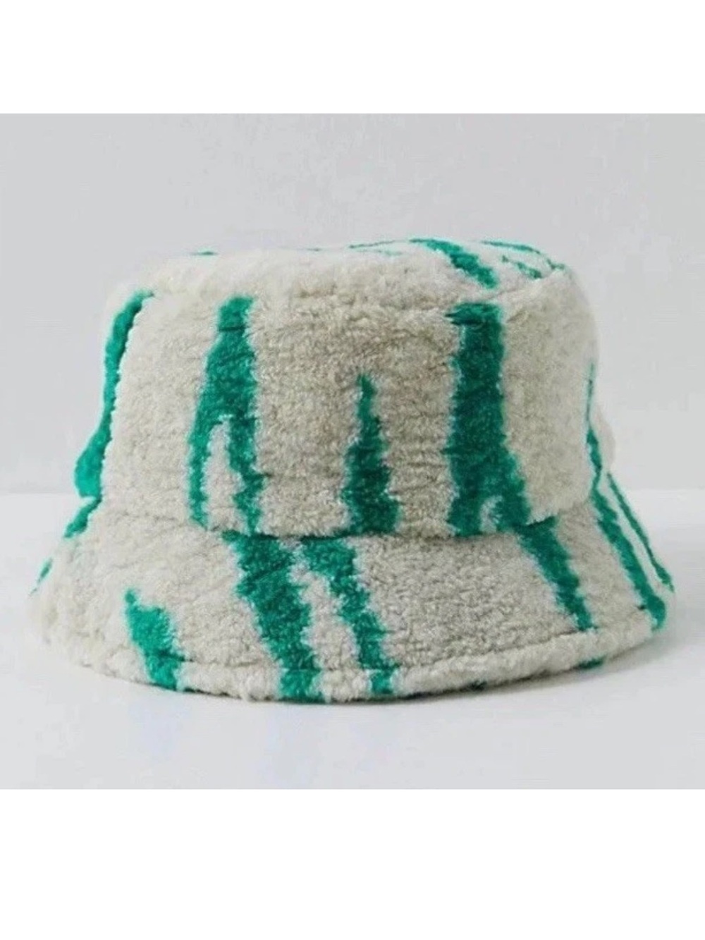 🆕 Free People Shaggy Sherpa Stripe Bucket Hat Green Stripes on Ivory Sherpa O/S